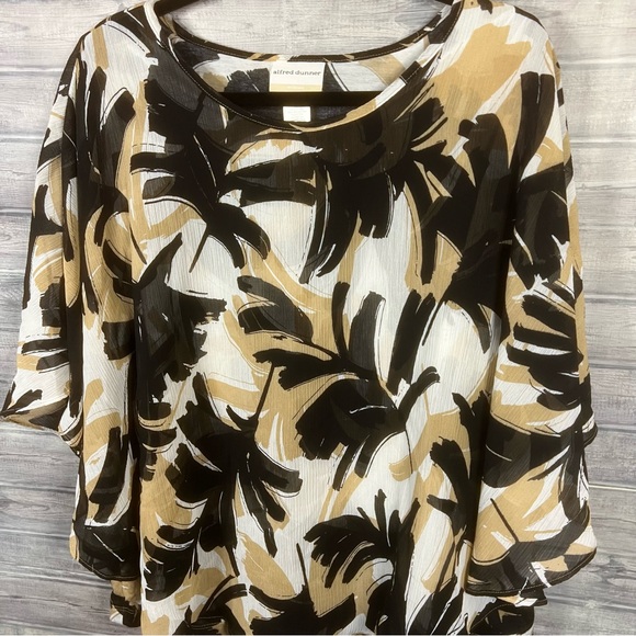 Alfred Dunner Blouse Womens 1X Top Sheer Black Cream White Flutter Abstract - Picture 3 of 10